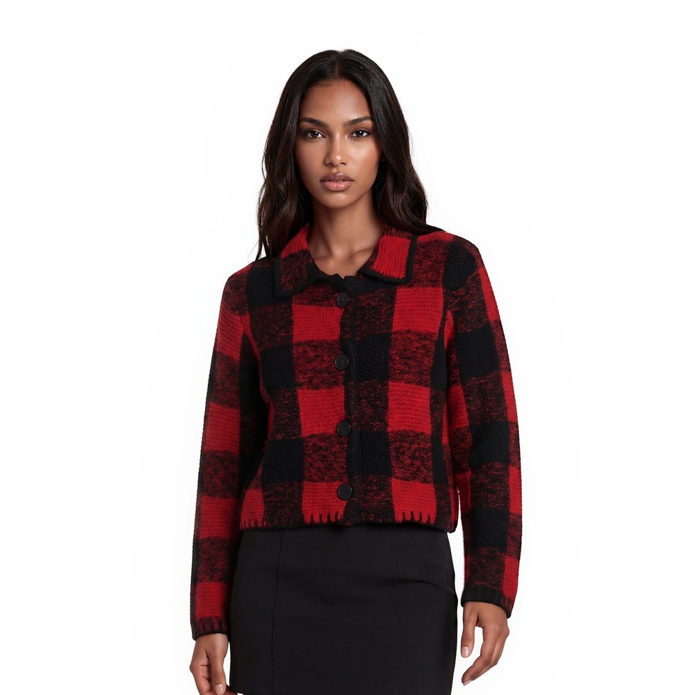 Michael Simon Cardigan Sweater Women's Size Large Red Buffalo Plaid Button Y2K